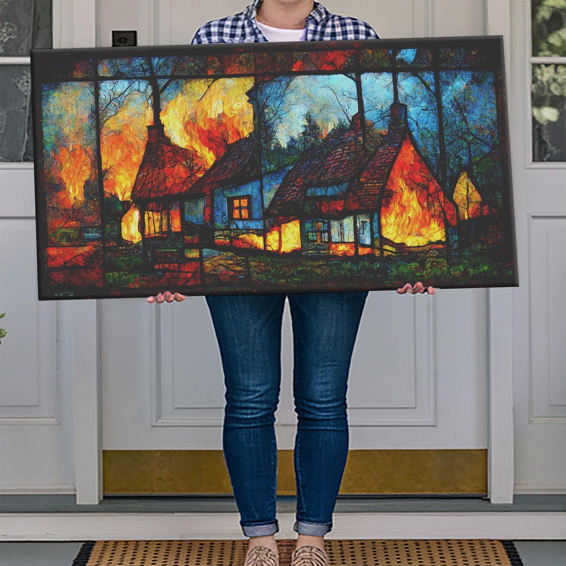 Stained Glass Cottage On Fire Night Scene Bold Fiery Gothic Art Poster - Image 4