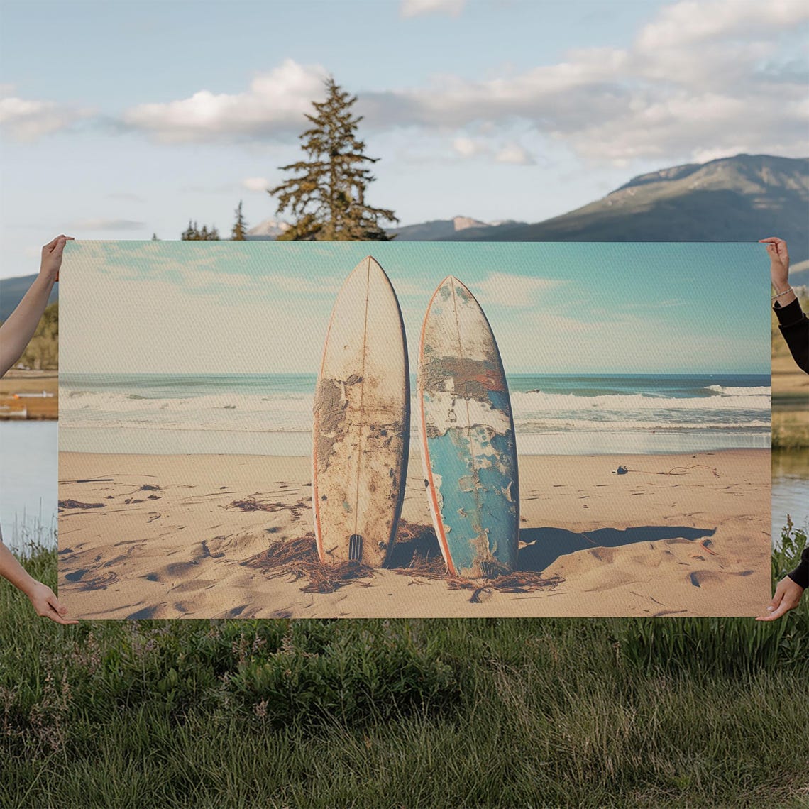 Two Weathered Surfboards Standing In Sand Beach Photo Travel Print - Image 6