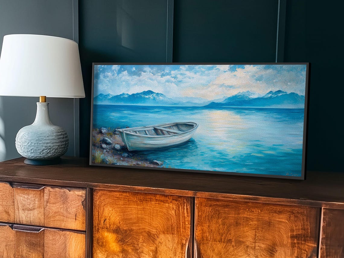 White Boat Turquoise Mountain Lake Blue Waters Coastal Wall Poster - Image 6
