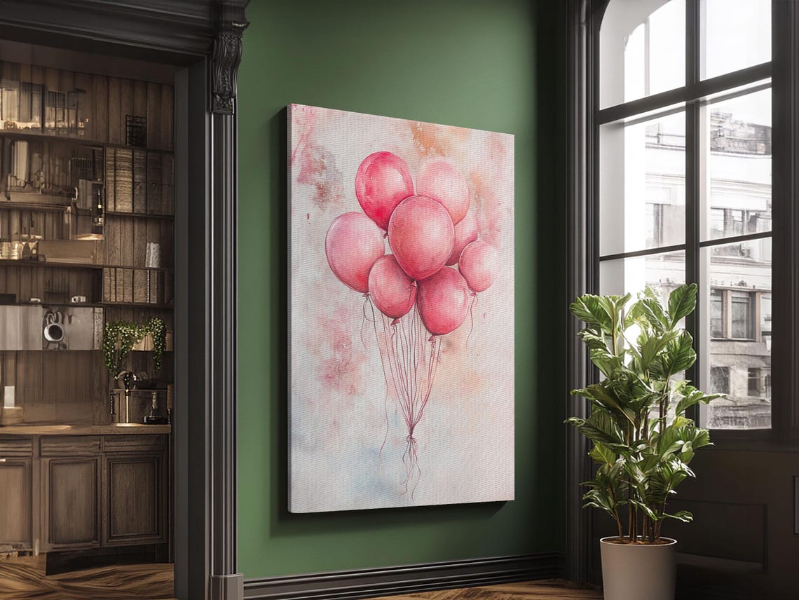 Pink Balloons Watercolor Whimsical Party Nursery Room Art Print - Image 4