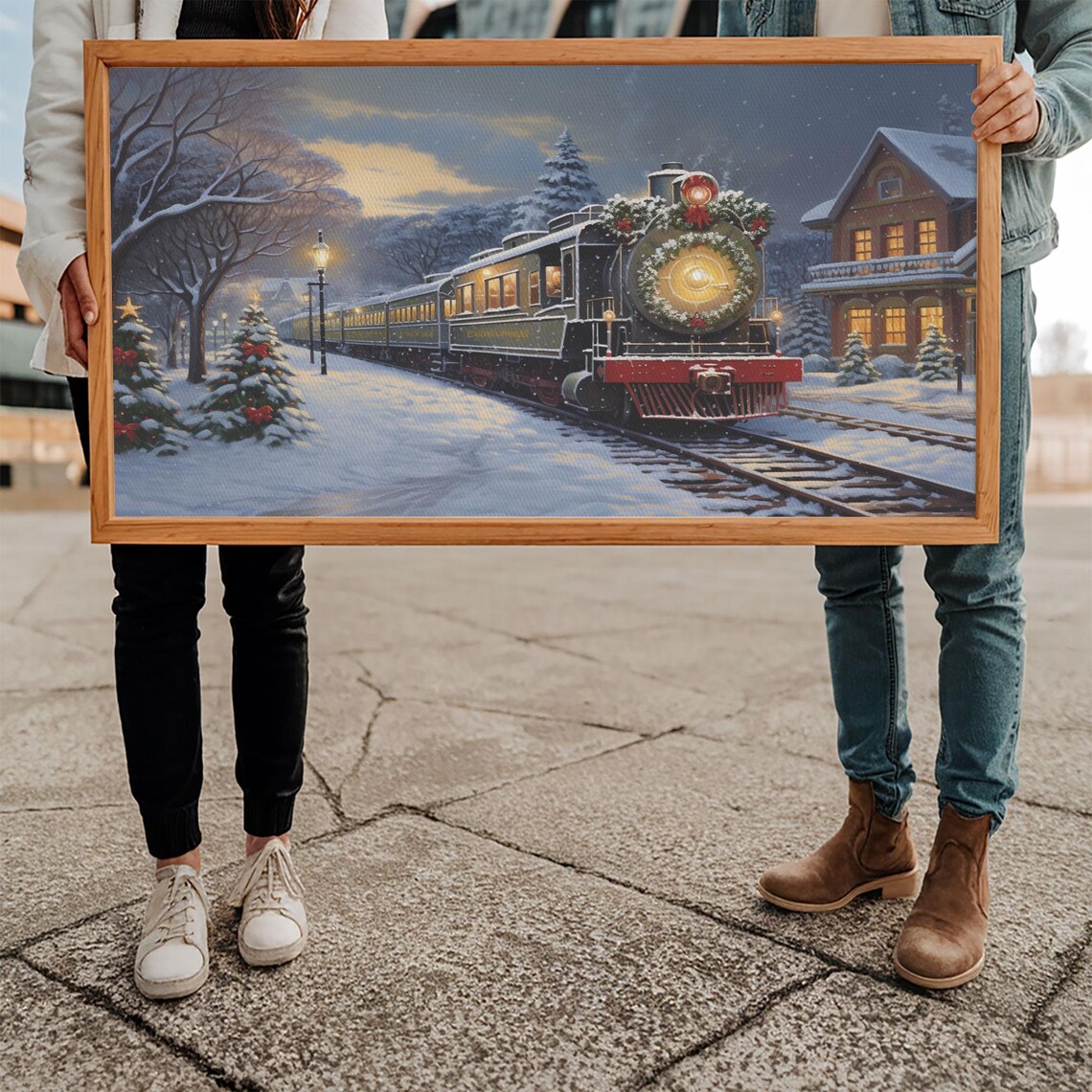 Christmas Steam Train With Wreath At Snowy Station Oil Painting Poster - Image 4