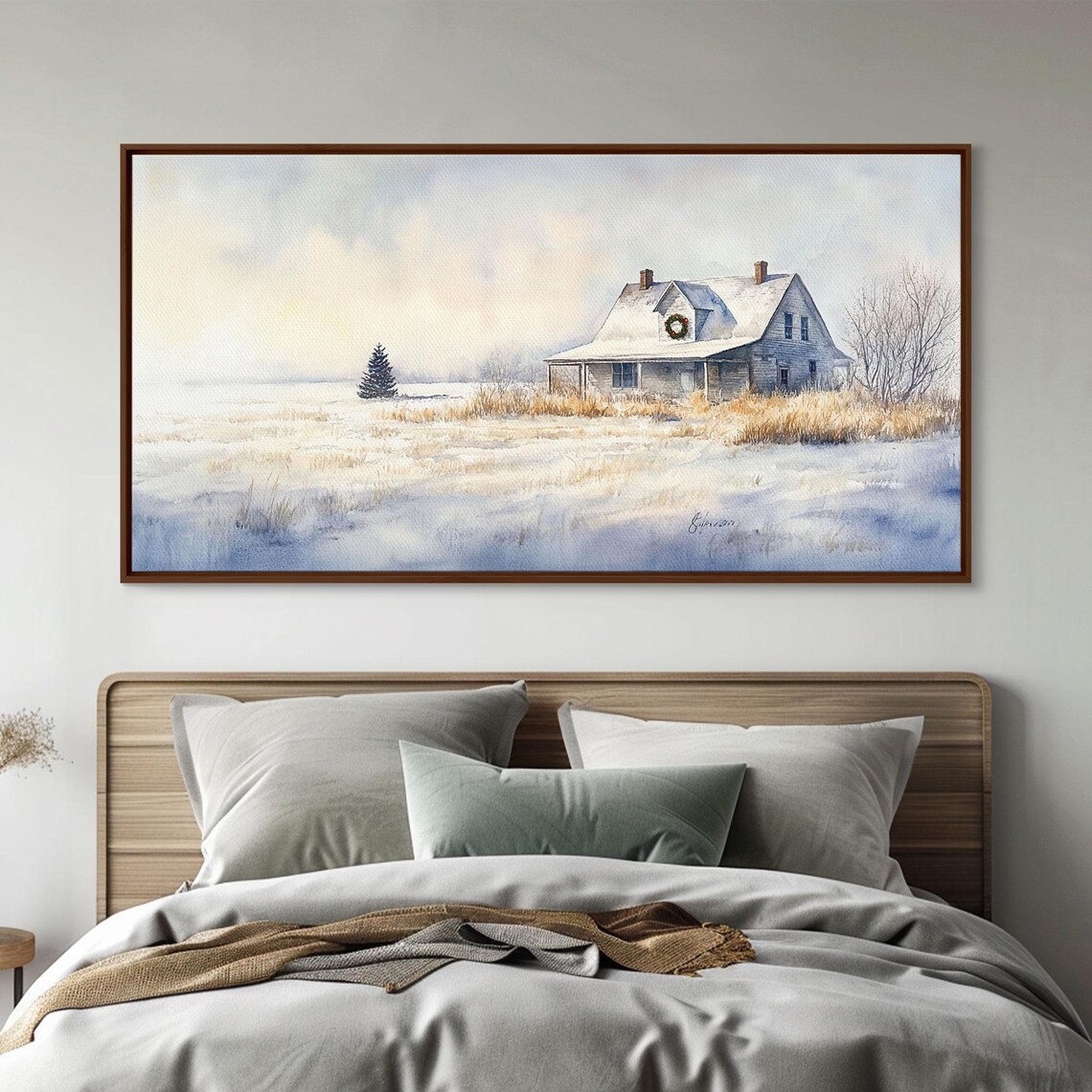 Silent Winter Farmhouse Snow Field Wreath Dawn Golden Wheat Art Poster - Image 5