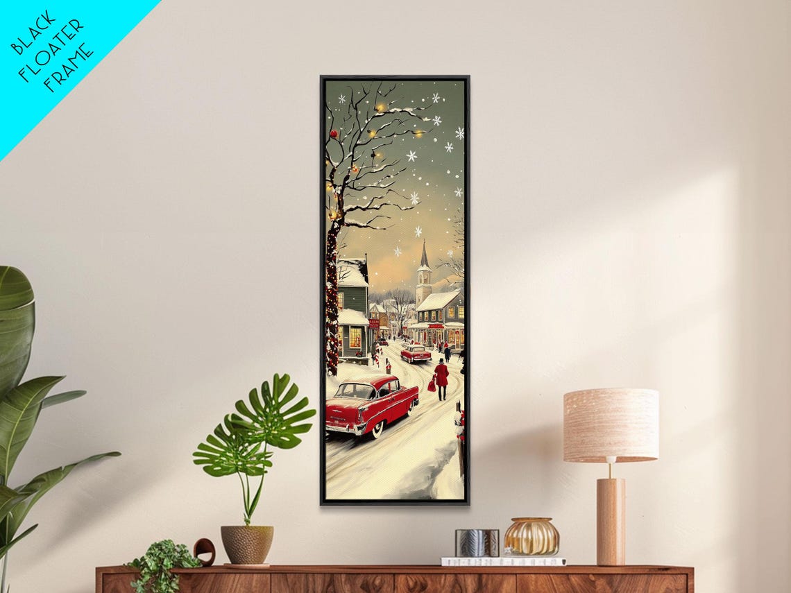 Snowy Village At Night With Classic Red Car And Church Steeple Poster - Image 2