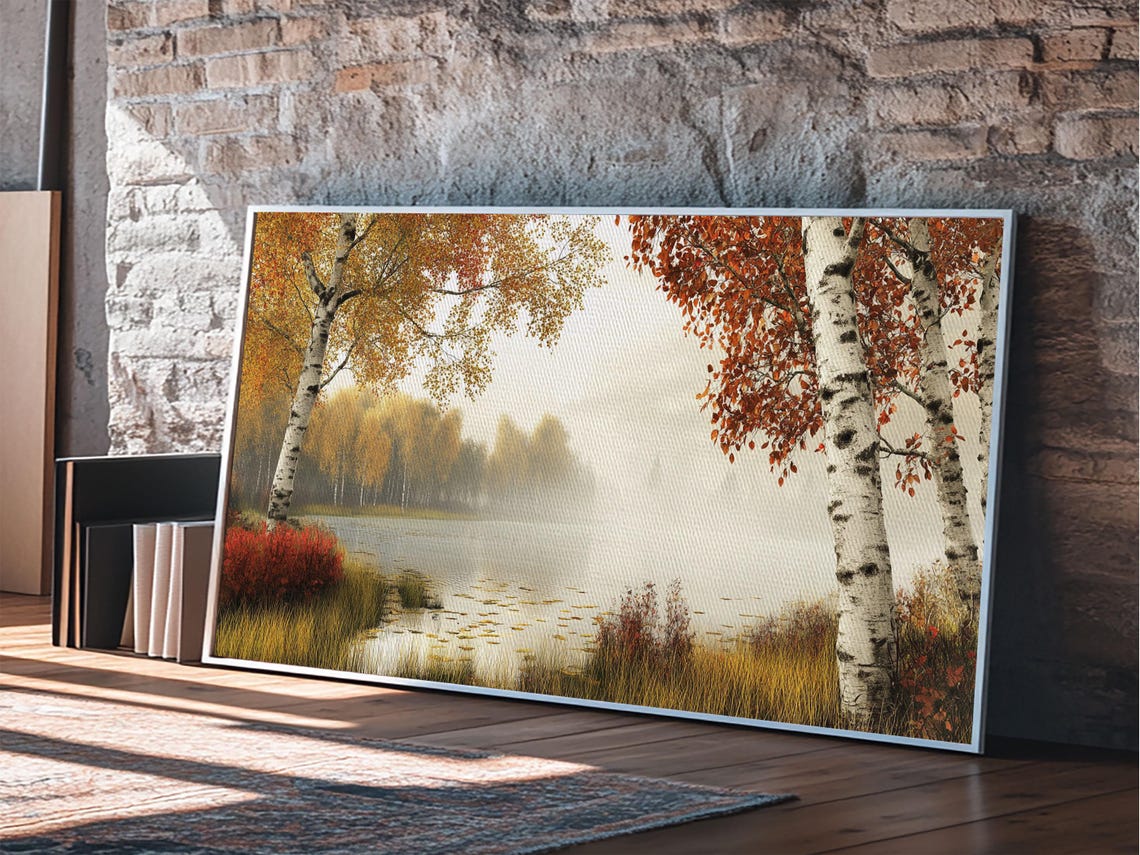 Golden Autumn Birch Trees Misty Lake Fall Foliage Landscape Poster - Image 2