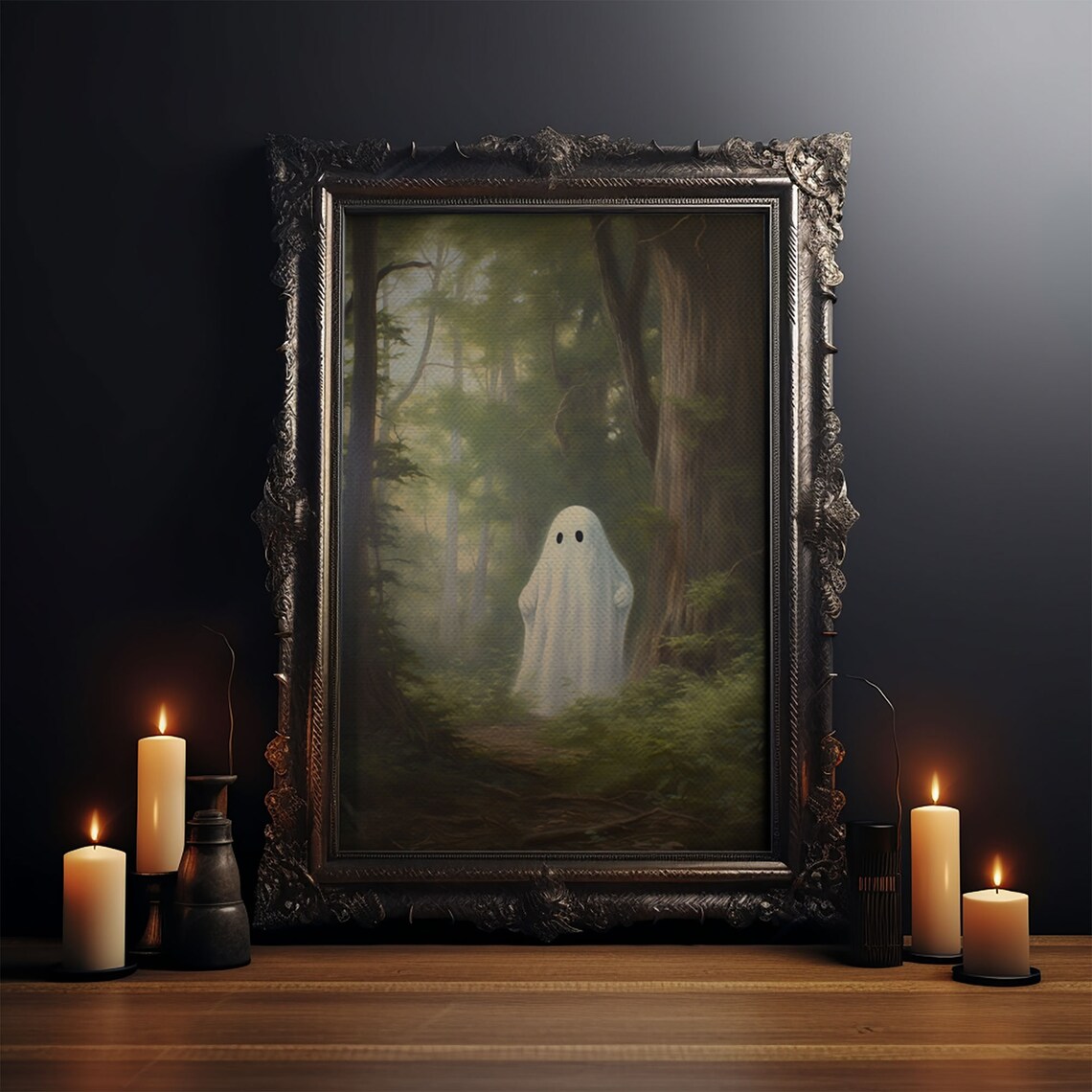 Cute Little Ghost In Misty Green Forest Vintage Spooky Art Poster - Image 3