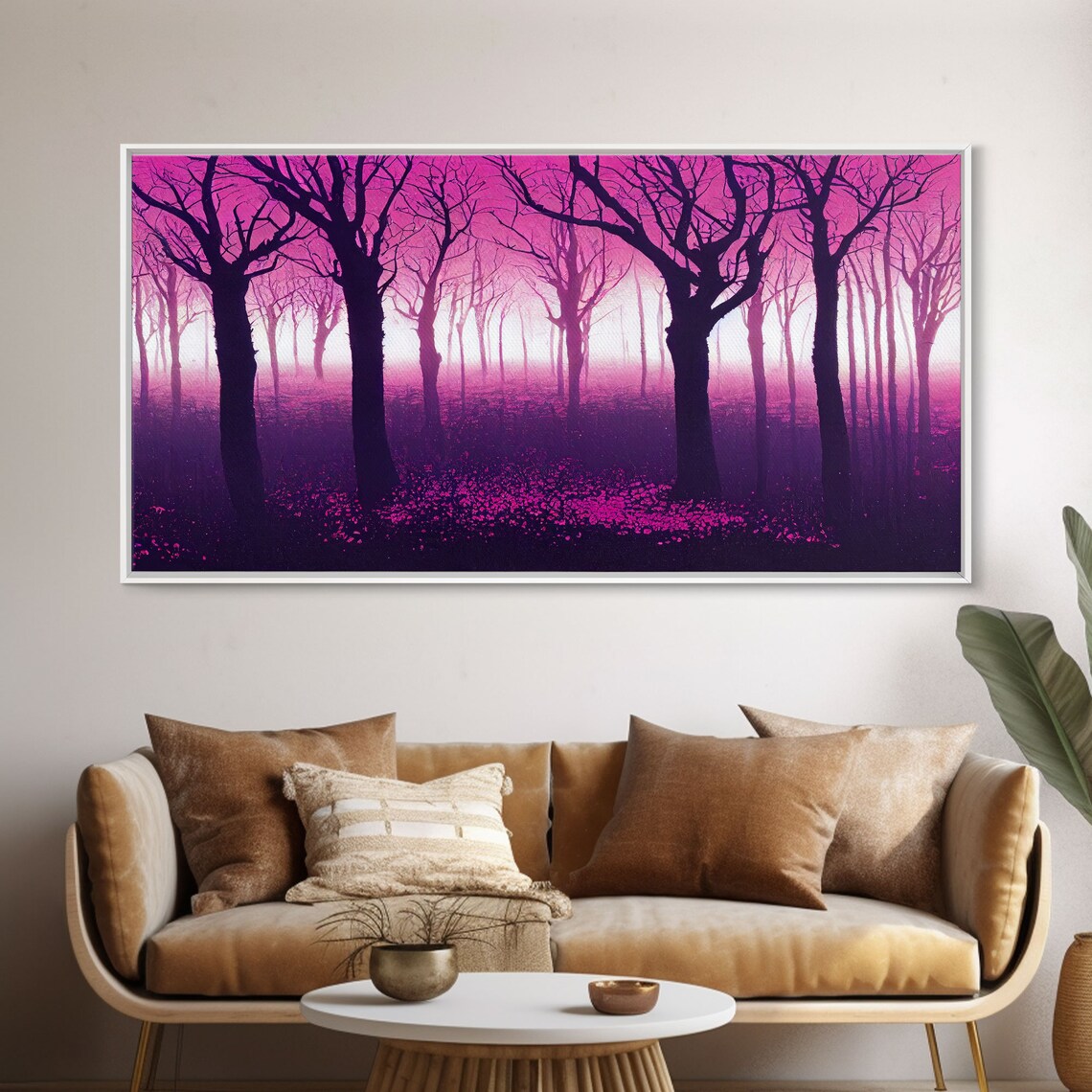 Purple Haunted Forest With Bare Trees In Magenta Glow Psychedelic Print