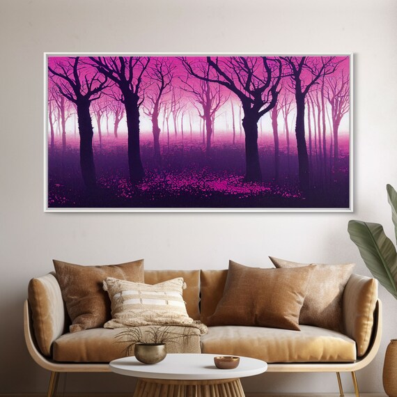 Purple Haunted Forest With Bare Trees In Magenta Glow Psychedelic Print