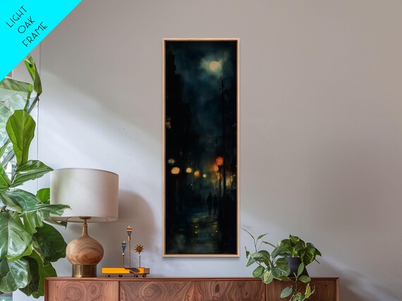 Moody Night Street Scene Framed Print Vertical Wall Art Moody Art Living Room Art Gift Idea Him Urban Nightscape
