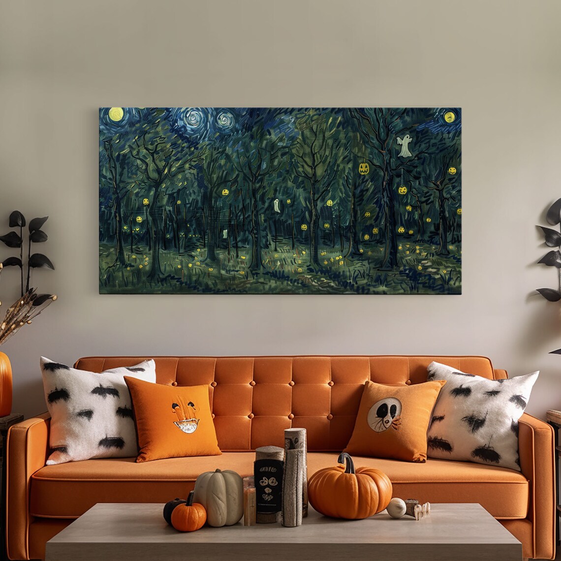 Starry Night Haunted Forest Ghosts Hanging Jack O Lanterns Spooky Poster - Image 5