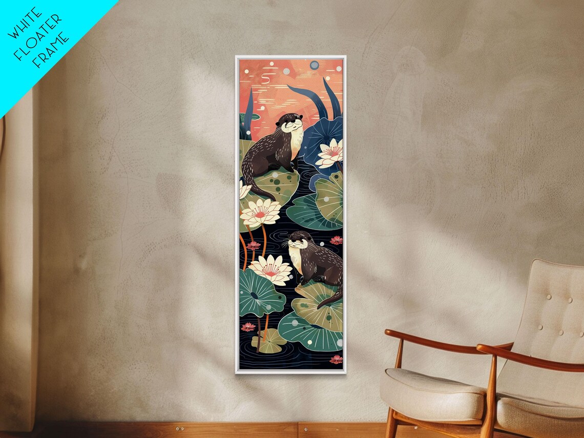 Playful Otters Lily Pad Pond Floral Cute Tall Vertical Art Print - Image 2