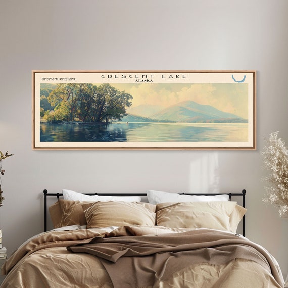 Crescent Lake Framed Print Lake House Art Panoramic Travel Poster Wall Art Modern Lake Painting Home Decor
