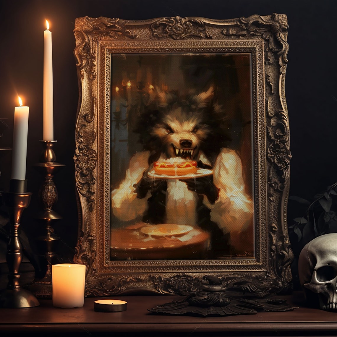 Werewolf Eating Hotdogs Candlelit Table Funny Halloween Art Poster - Image 6