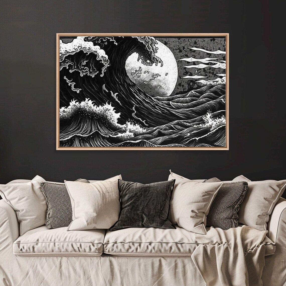 Great Wave Moon Black And White Japanese Woodblock Style Ocean Poster - Image 6