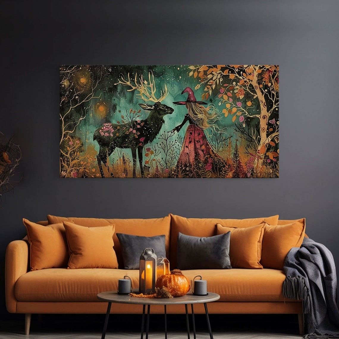 Victorian Witch With Deer Familiar In Starry Autumn Forest Art Print - Image 3