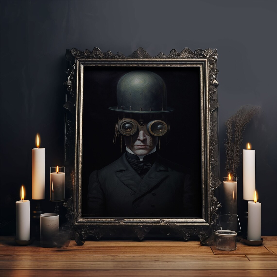 Victorian Steampunk Cyborg Portrait Goggles Bowler Hat Gothic Art Print - Image 5
