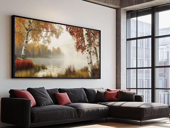 Golden Autumn Mist Print Featuring Birch Tree Painting And Moody Art Rustic Wall Art Above Sofa Art For Living Room