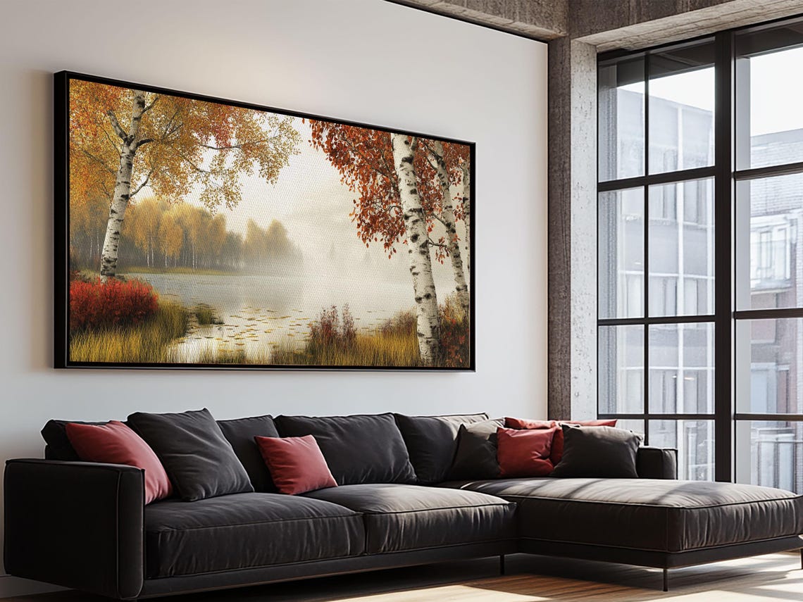 Golden Autumn Birch Trees Misty Lake Fall Foliage Landscape Poster