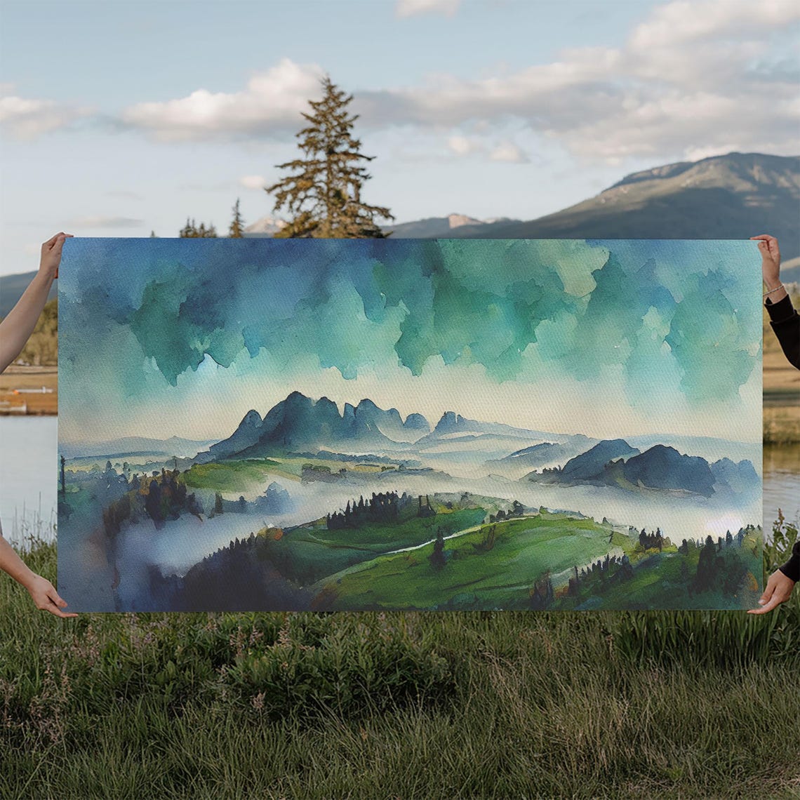 Panoramic Blue Green Mountain Valley Watercolor Art Print Misty Rolling Hills Landscape Extra Large Panorama Print
