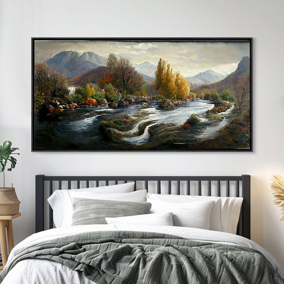 Scenic Nature Landscape Print Flowing River Water Color Fall Scenic Art Panoramic Nature Landscape