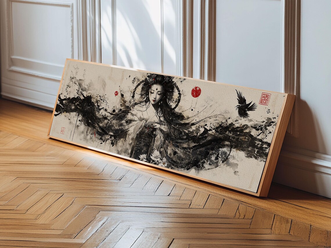 Ethereal Goddess Framed Print Moody Art Japanese Style Dark Angels Wall Art Feminine Zen Artwork Rustic Decor - Image 3