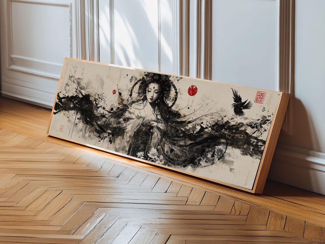 Ethereal Ink Wash Goddess Panoramic Japanese Style Dark Zen Art Poster - Image 3
