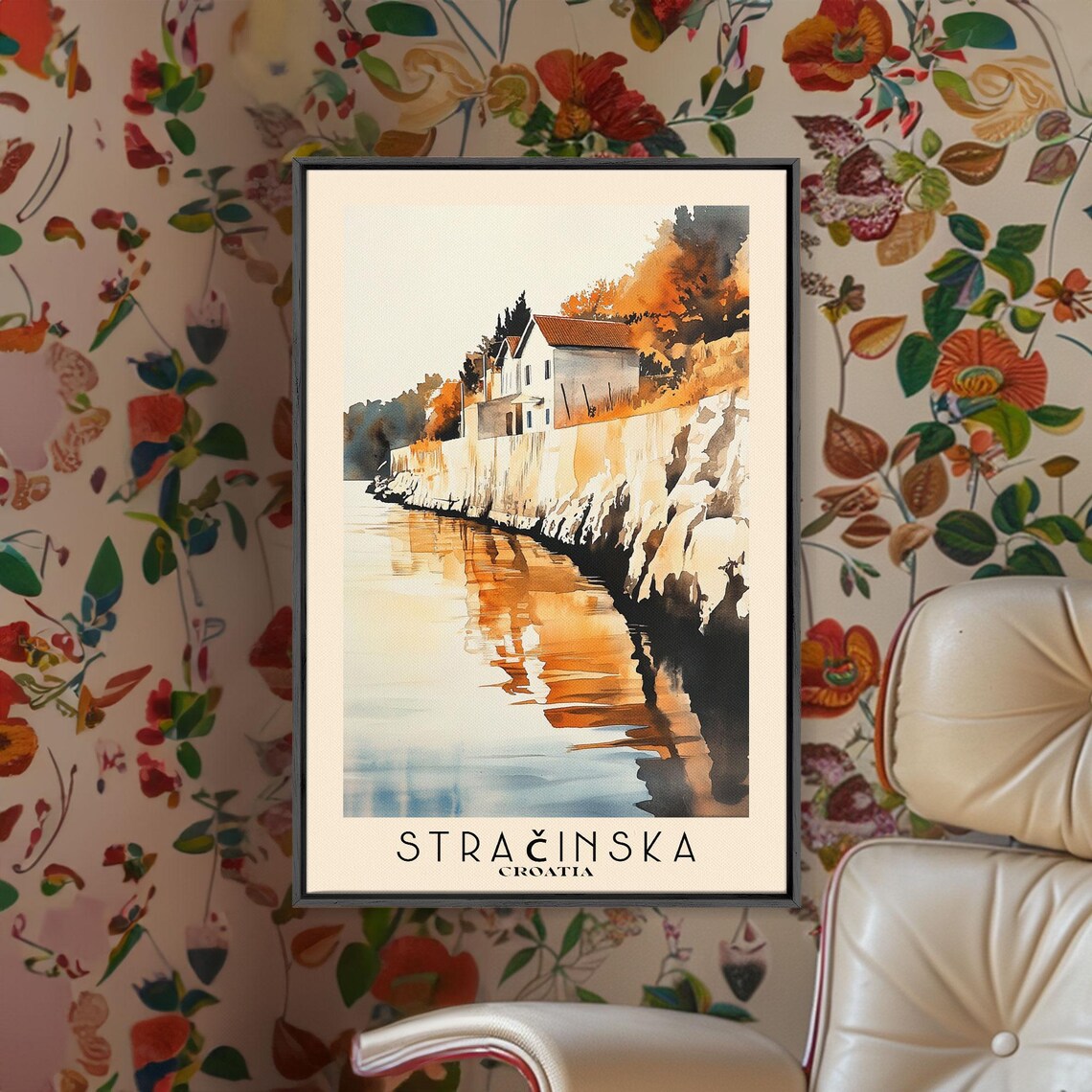 Stracinska Croatia Cliff Houses Golden Water Reflection Poster