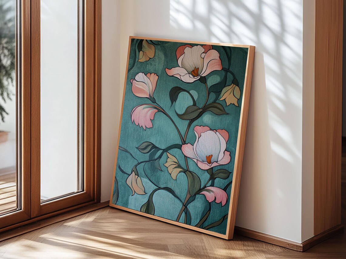 Pink Roses Teal Background Botanical Floral Elegant Wall Art Poster - Image 4