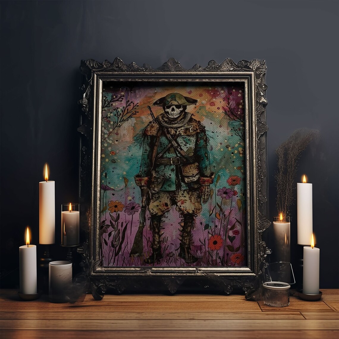 Skeleton Soldier Colorful Flower Field Spooky Halloween Art Poster - Image 5
