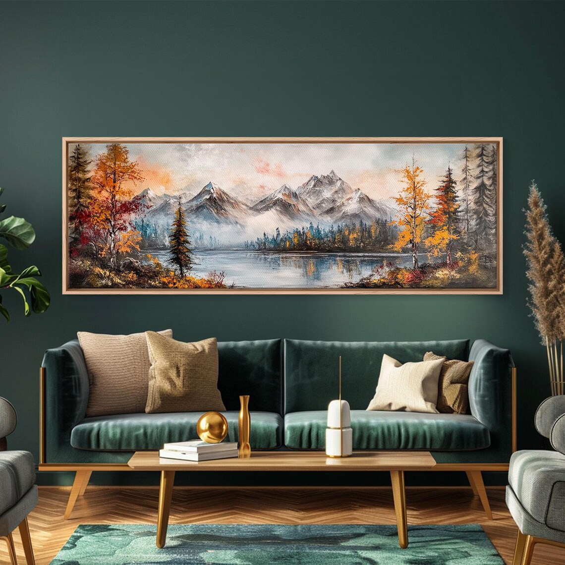 Autumn Mountain Lake With Snowy Peaks And Golden Pines Oil Poster - Image 3