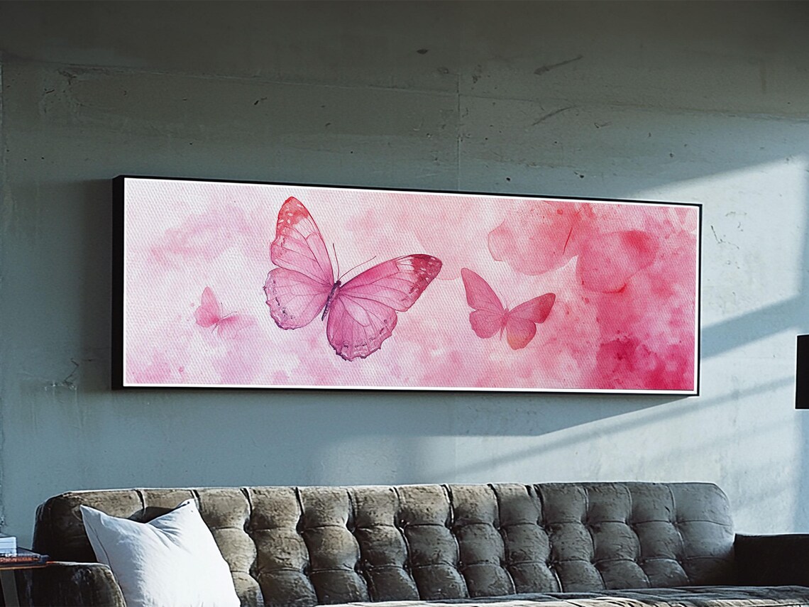 Pink Watercolor Butterflies Whimsical Trio Horizontal Wall Art Poster - Image 5