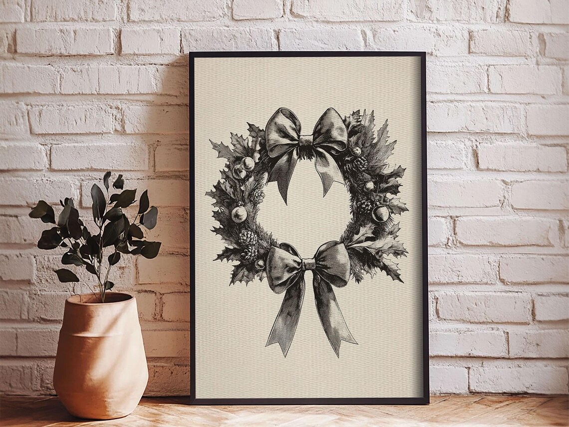 Christmas Wreath Sketch Bow Black And White Minimalist Holiday Poster - Image 3