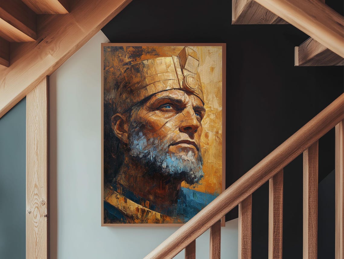 Ancient Warrior King Golden Crown Bearded Ruler Epic Portrait Wall Art - Image 2