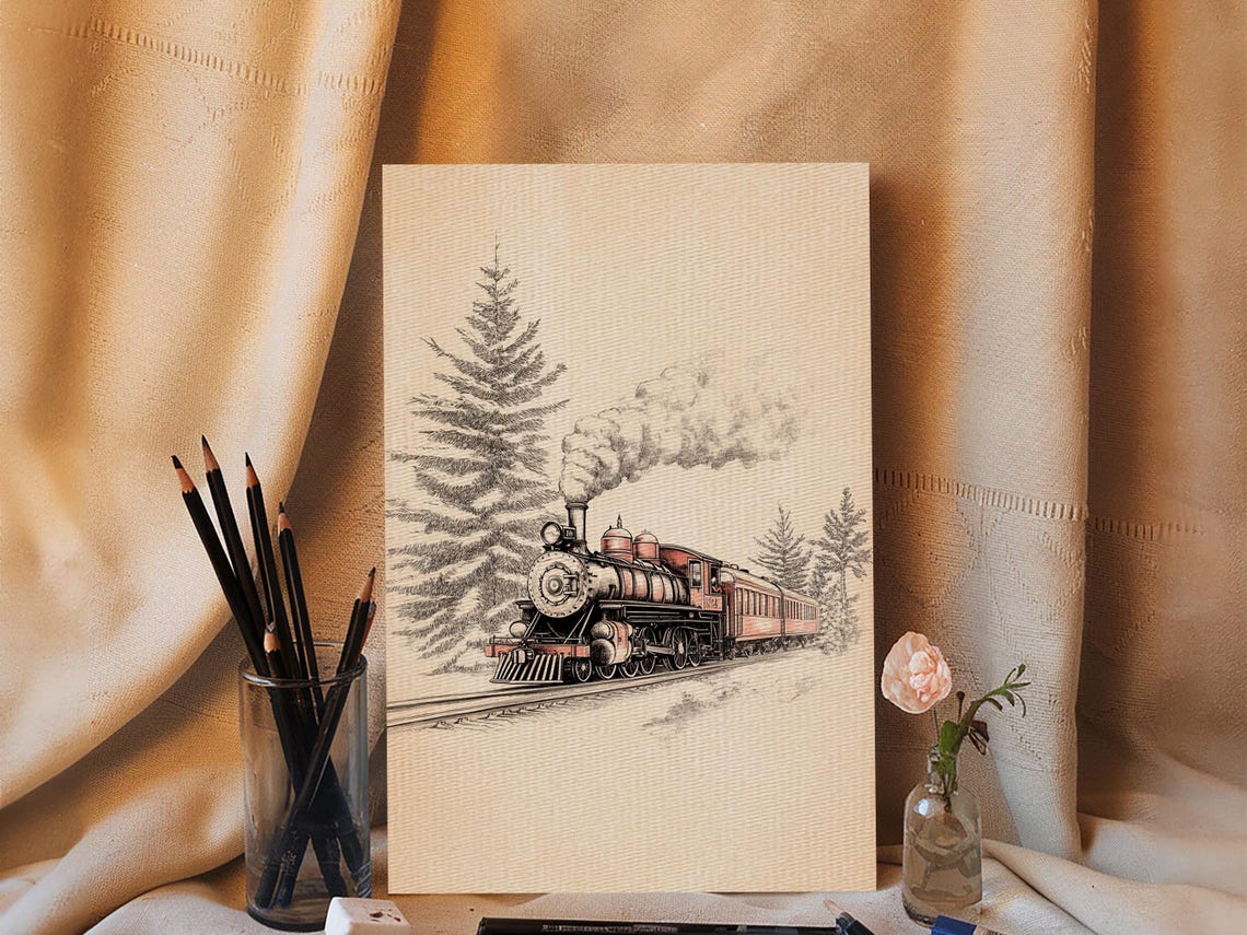 Vintage Steam Train Christmas Sketch Locomotive Pine Trees Art Poster - Image 4