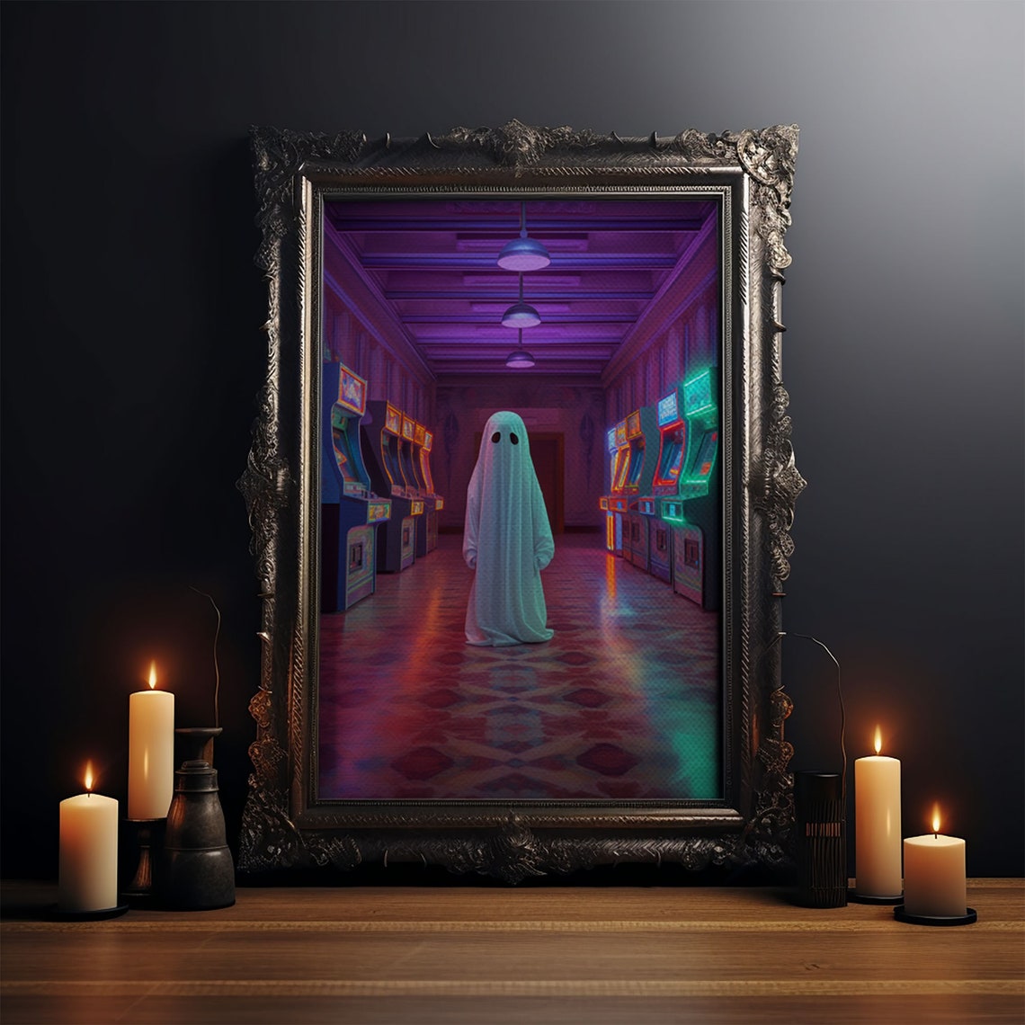 Lonely Ghost In Neon Retro Arcade Hallway Vaporwave Halloween Print - Image 3