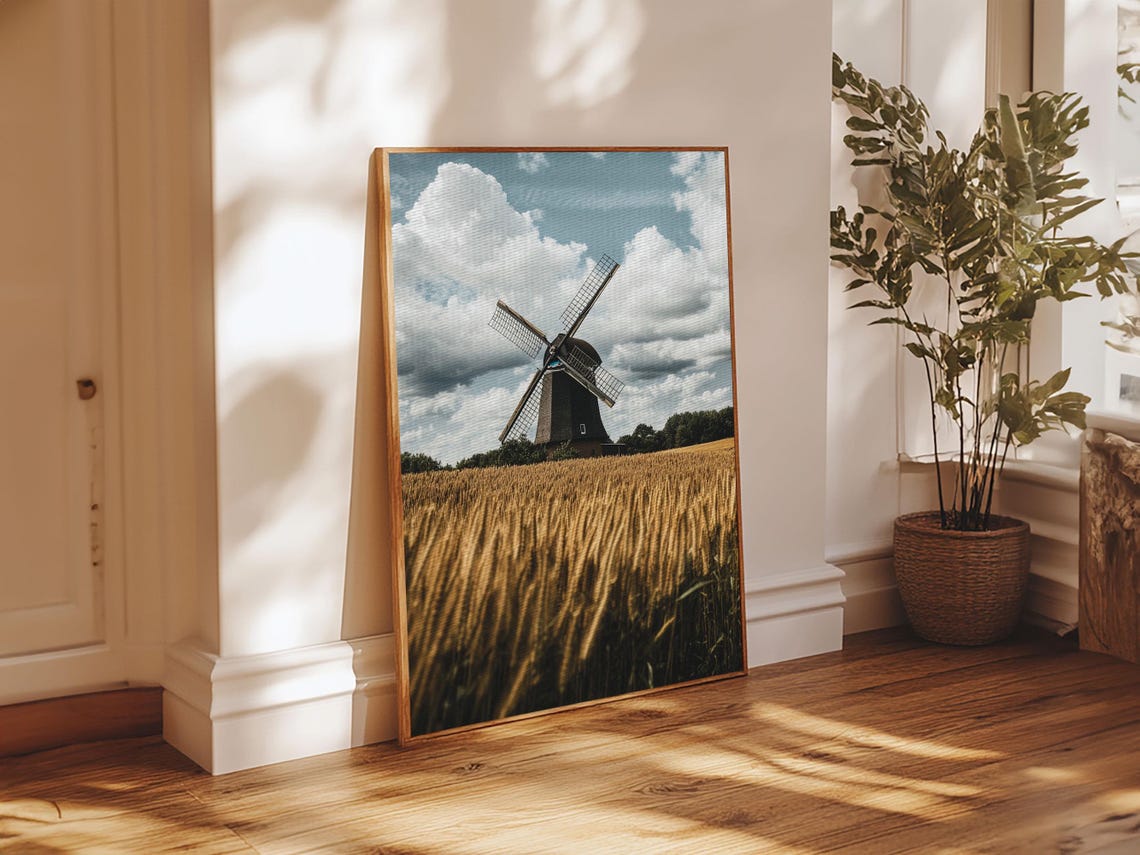 Wheat Field Windmill Framed Print Rustic Farmhouse Artwork Windmill Wall Art Minimalist Landscape Wall Decor Living Room Art - Image 3