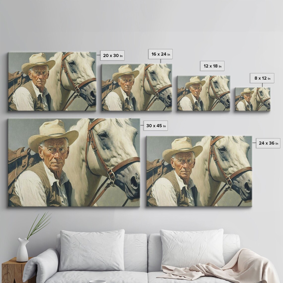 Weathered Cowboy White Horse Portrait Vintage Western Rustic Wall Art - Image 2
