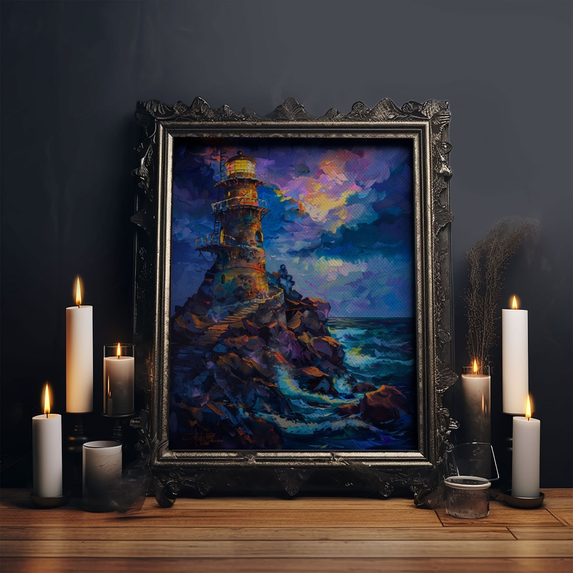 Stormy Lighthouse On Rocky Cliff Vivid Sunset Seascape Art Poster - Image 6