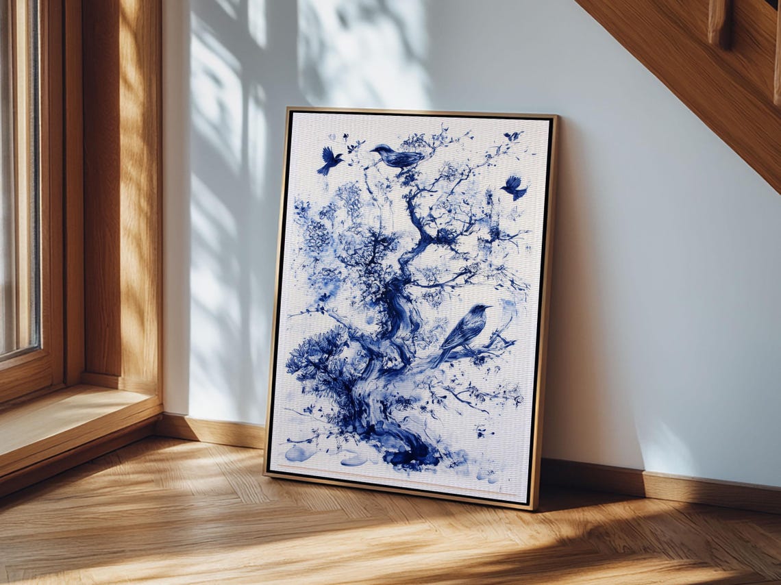 Blue Ink Tree With Birds Chinoiserie Botanical Painting Print