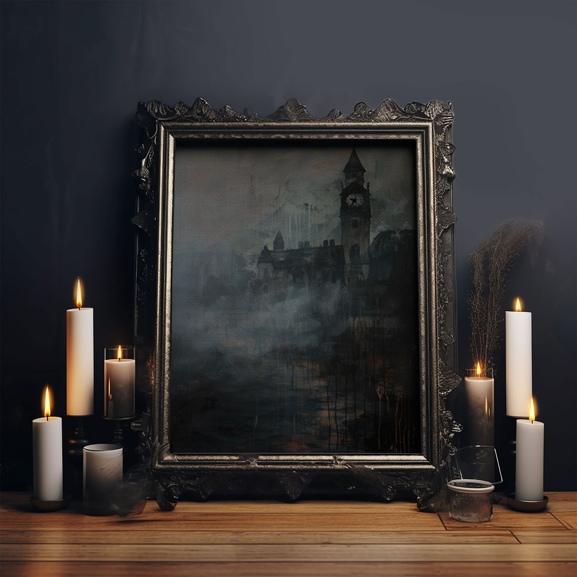 Haunted Gothic Clock Tower Foggy Night Dark Moody Art Poster - Image 6