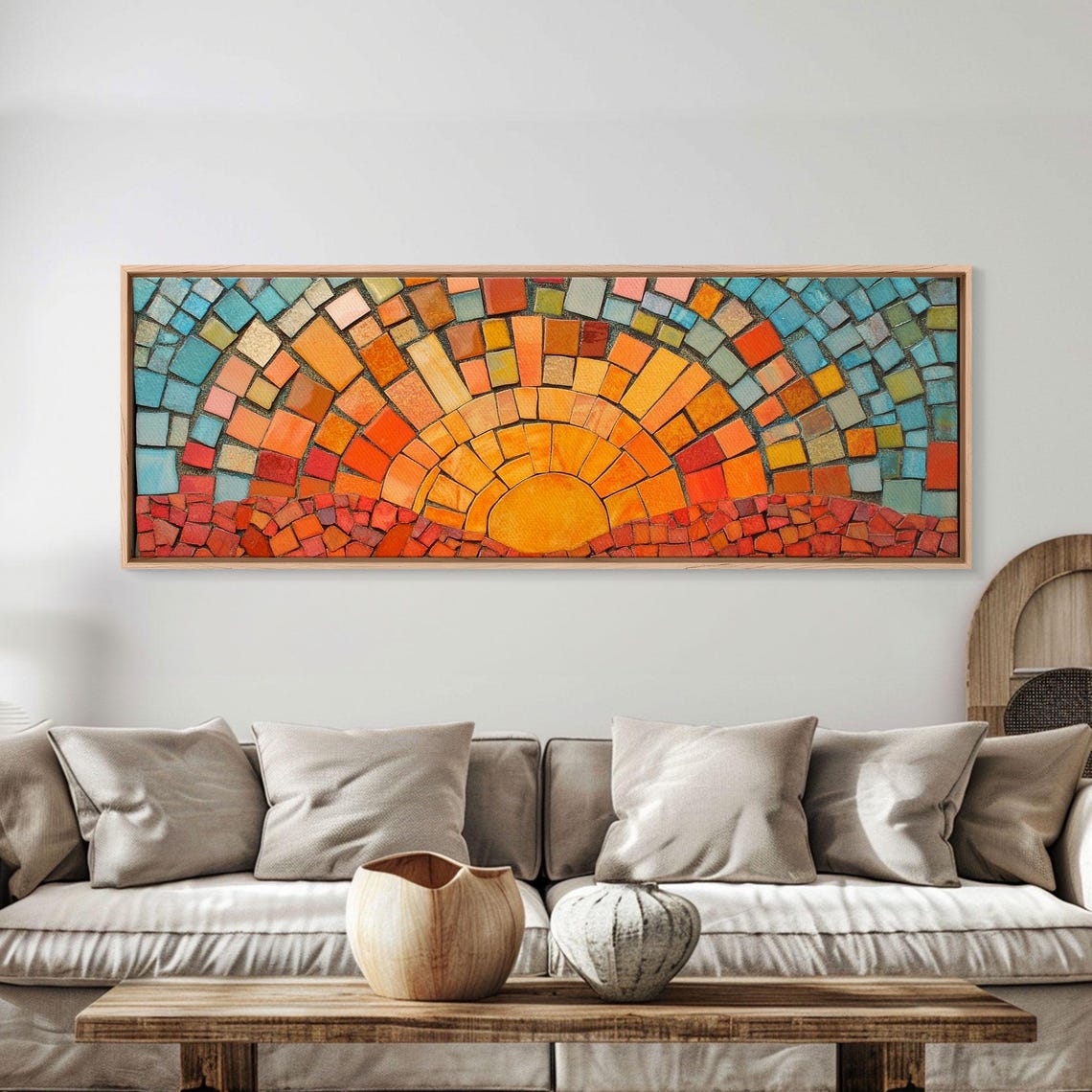 Wood Framed Mid Century Modern Wall Art Sunset Mosaic Tiles Print Horizontal Modern Wall Art Panoramic Above Bed Decor Boho Wall Art - Image 3