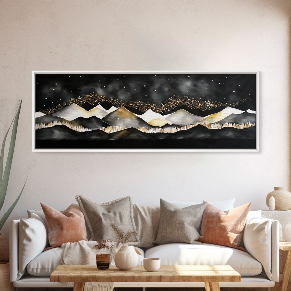 Black Gold Mountain Landscape Painting Framed Print Panoramic Art Extra Wide Art Center Piece Decor Above Fireplace Or Sofa - Image 5