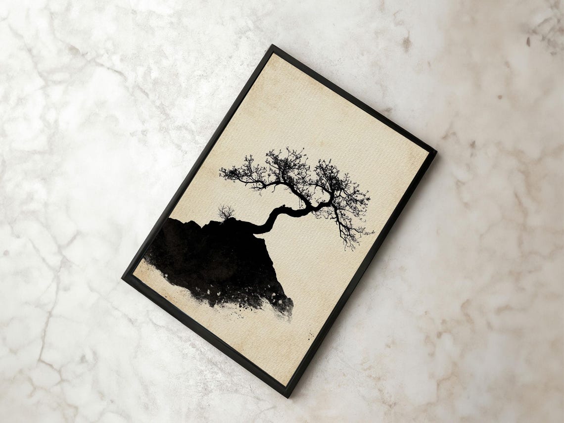 Black Ink Bonsai Tree Minimalist Japanese Wabi Sabi Zen Wall Art - Image 4