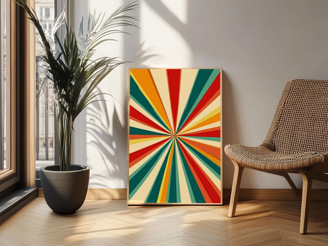 Mid Century Sunburst Rays Red Teal Orange Cream Square Geometric Print - Image 3