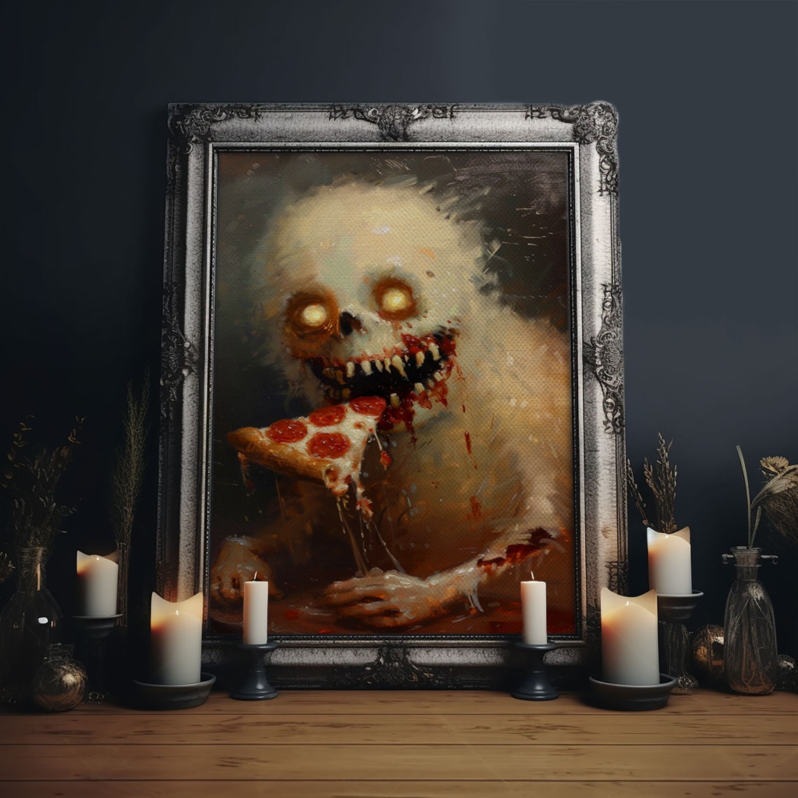 Zombie Ghost Devouring Pepperoni Pizza Horror Funny Art Poster
