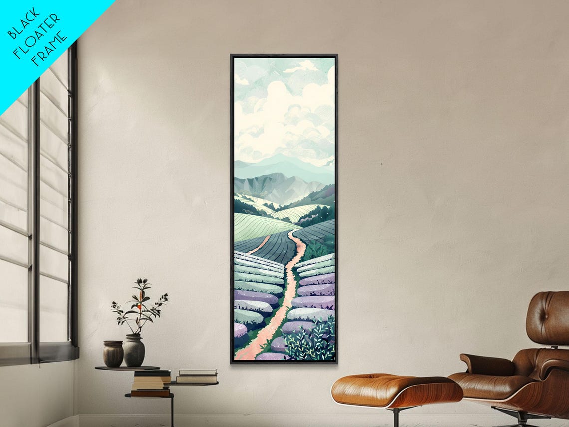 Lavender Field Rows Mountain Path Serene Landscape Art Poster - Image 5