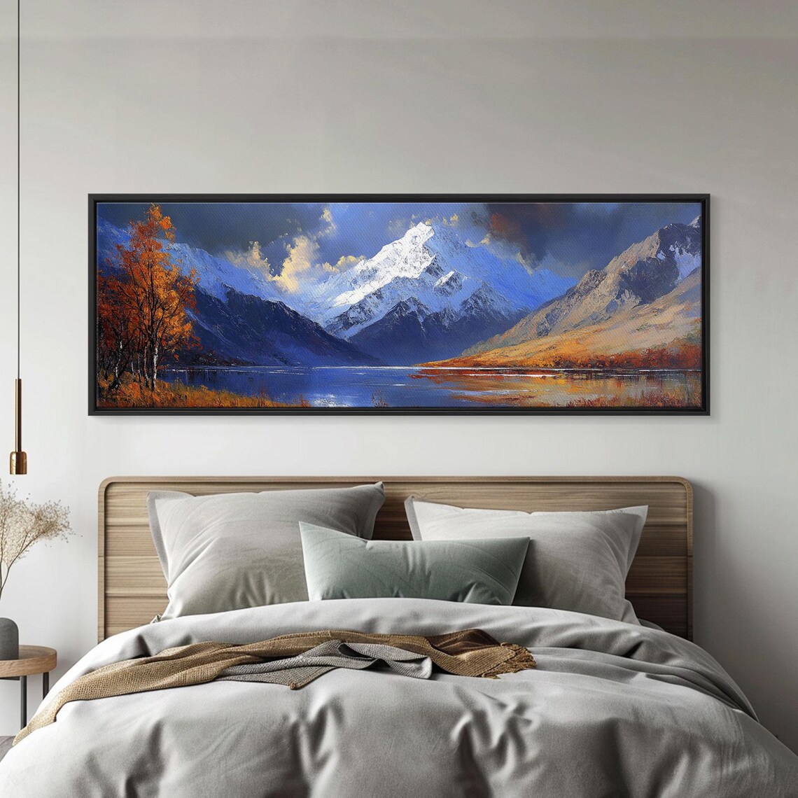 Snow Capped Mountain Lake Autumn Birch Golden Hour Landscape Poster
