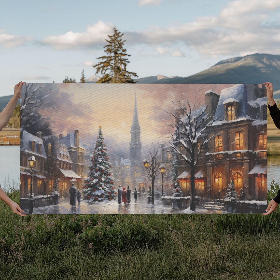 Old Town Christmas Street With Tall Tree And Church Spire Night Poster