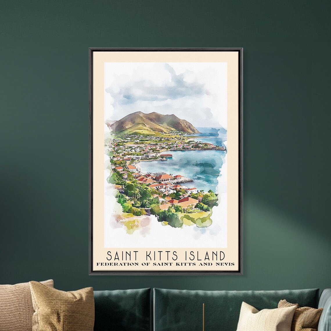 Saint Kitts Island Harbor Town Mountain Bay Watercolor Travel Poster - Image 5
