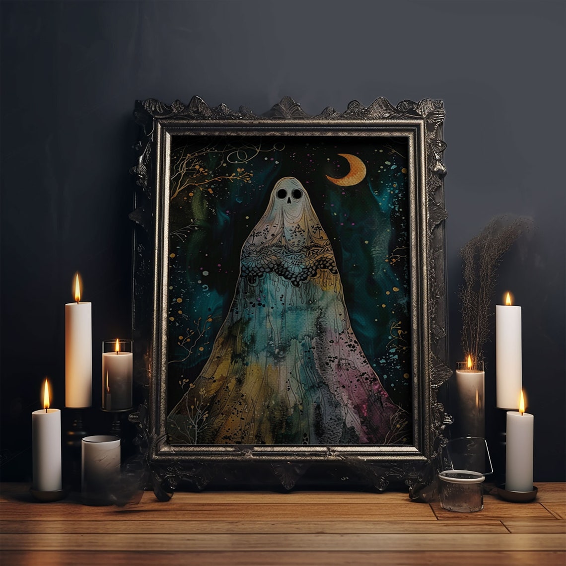 Cottagecore Veiled Ghost Crescent Moon Starry Night Art Poster - Image 5