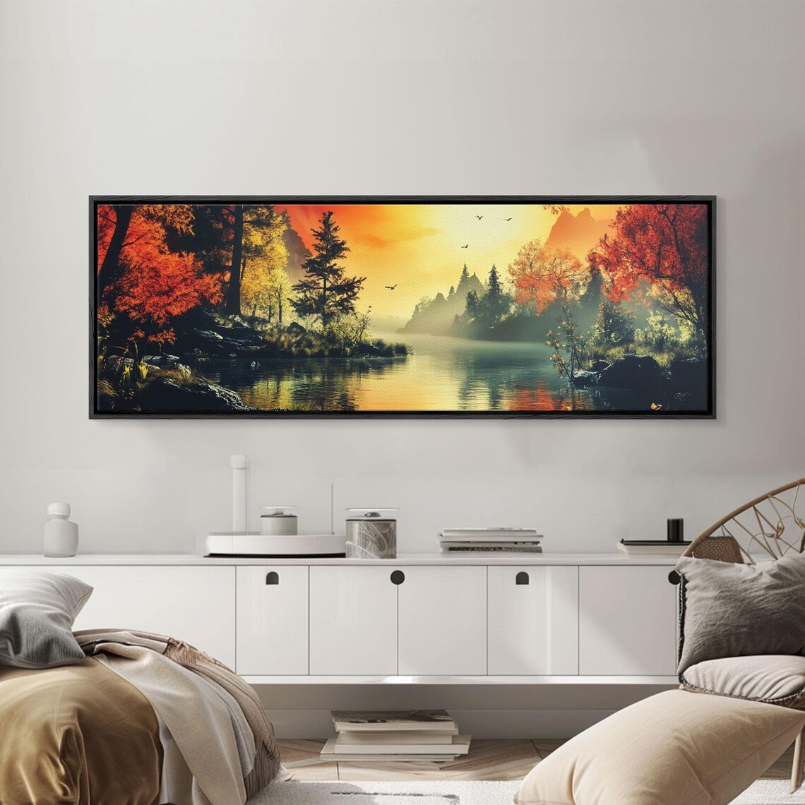 Dark And Moody Landscape Sunset In The Valley Framed Print Original Artwork Horizontal Print Above Sofa Lake House Lake Art - Image 2